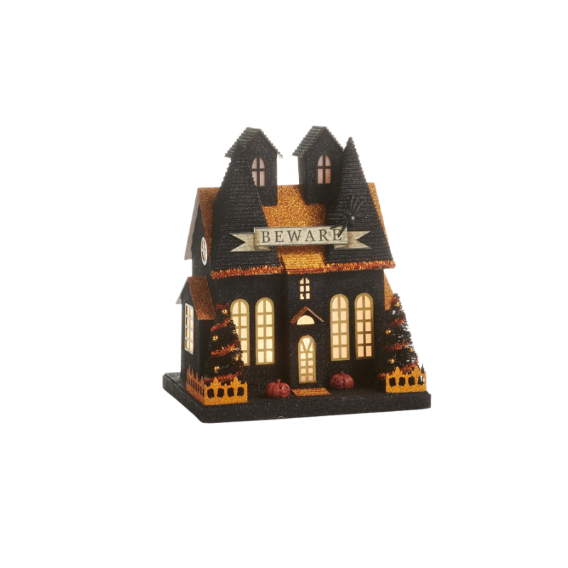 11.5-inch lighted black and orange glitter paper haunted house with a 'BEWARE' sign and pumpkins.