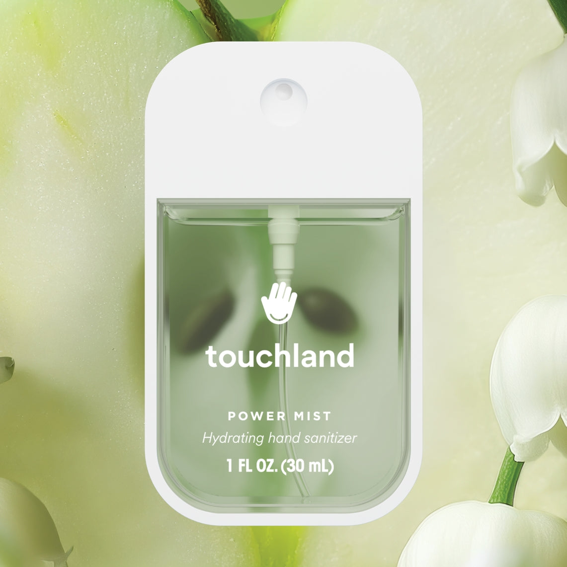 Touchland Power Mist Hydrating Hand Sanitizer in a sleek white and clear spray bottle.