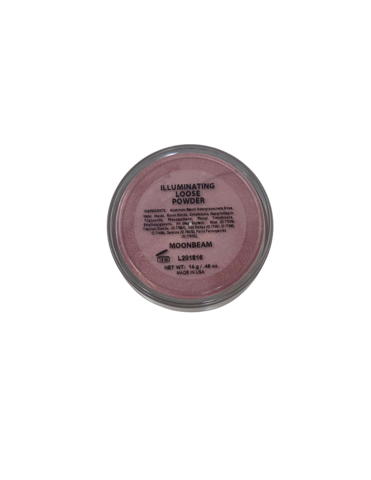 Bottom label of Moonbeam Illuminating Loose Powder jar showing ingredients and net weight.