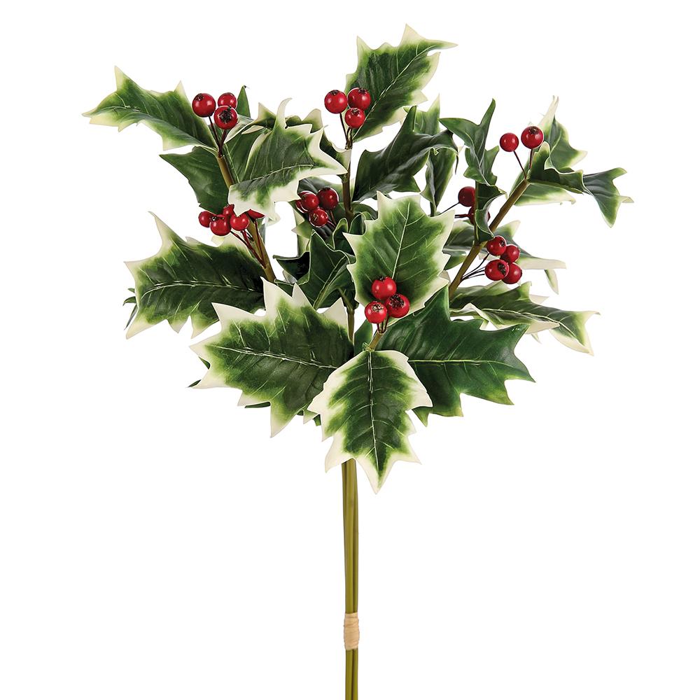 18-inch variegated holly and red berry bundle with green leaves and white edges on a single stem.