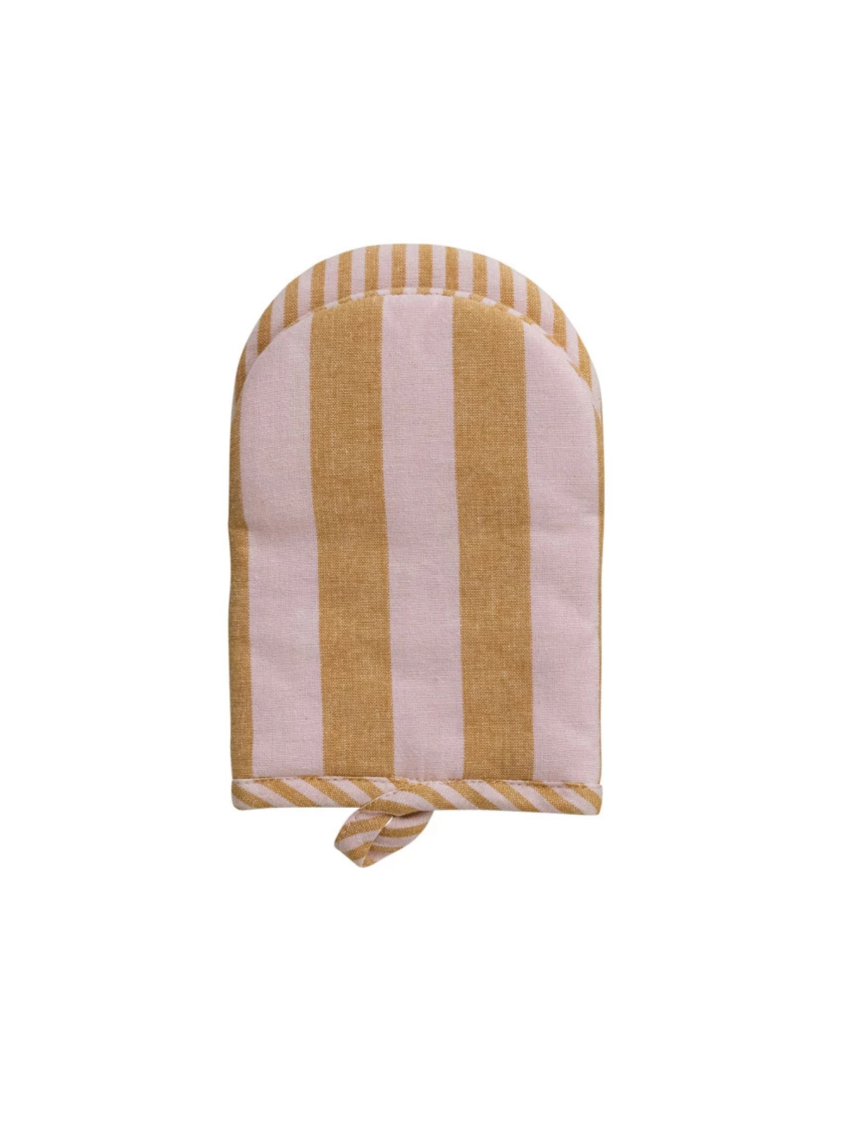 Woven cotton oven mitt with vertical stripes in red, white, and blue.