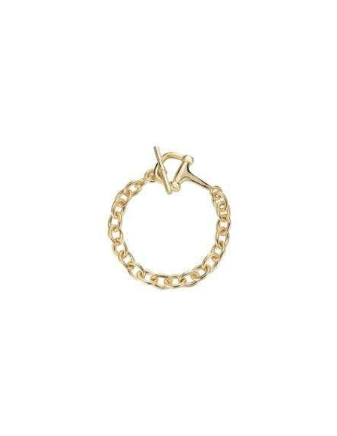 Gold curb chain bracelet with a toggle clasp closure on a white background.