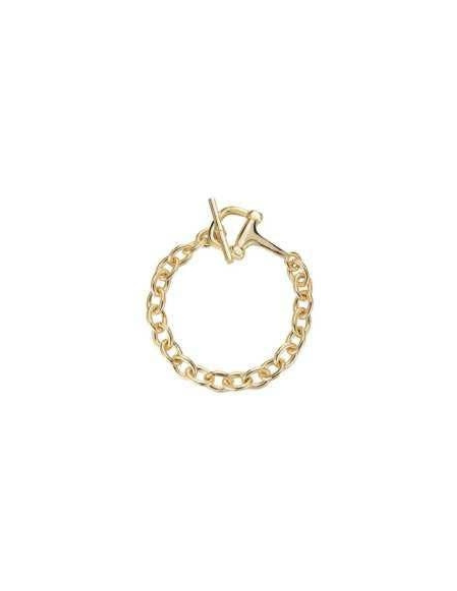 Gold curb chain bracelet with a toggle clasp closure on a white background.