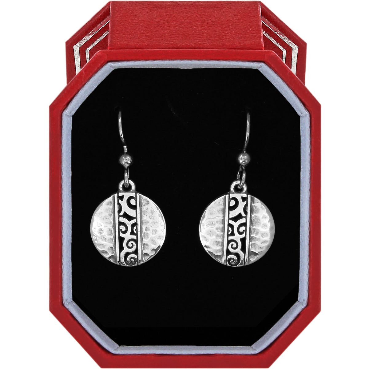 Silver plated Mingle Disc French wire earrings with hammered texture in a red gift box.