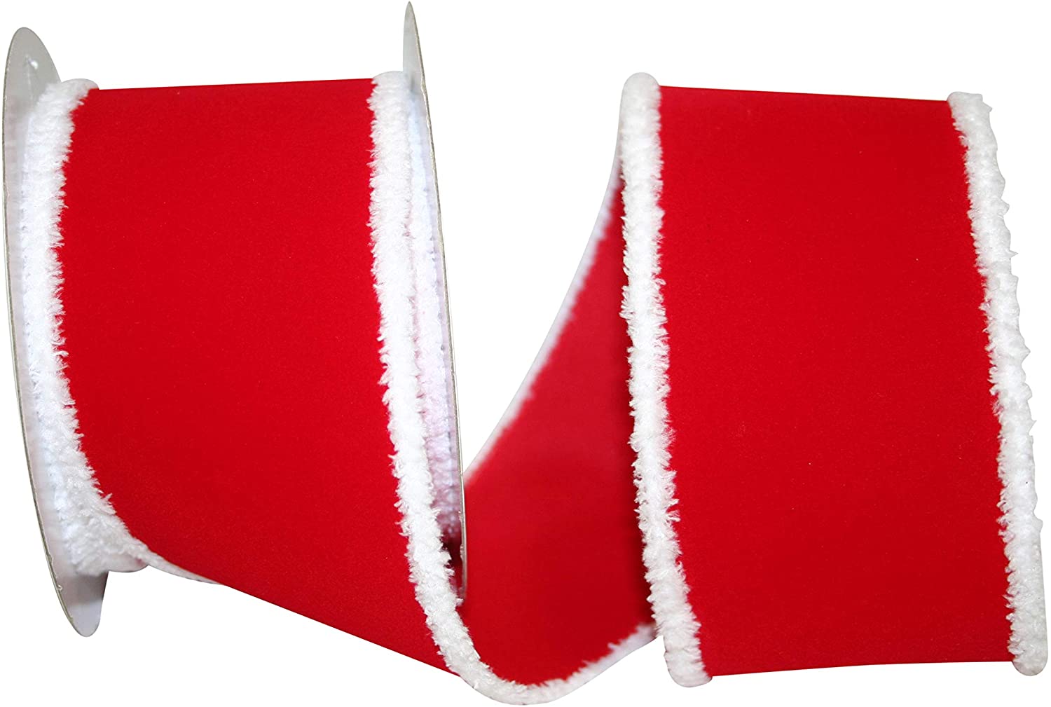 Red velvet ribbon with snowy flocking edge, wired for crafting.