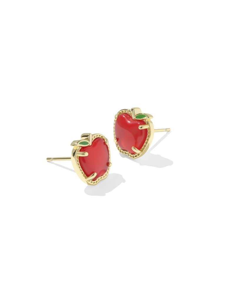 A pair of gold apple stud earrings with red centers and small green leaf accents.