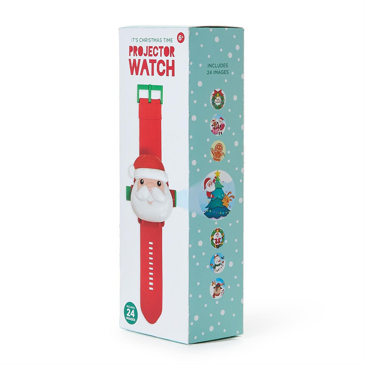 Santa digital watch with projector in a gift box featuring 24 holiday images for ages 6 and up.