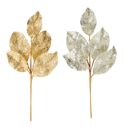 Two 24-inch beaded metallic leaf sprays in gold and silver with glitter and bead finishes.