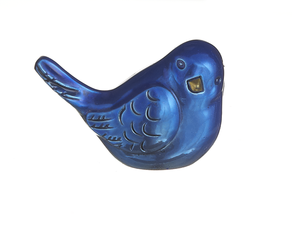 Bluebird of Happiness charm pendant featuring a blue bird silhouette with gold-tone metal accents and an openwork design.