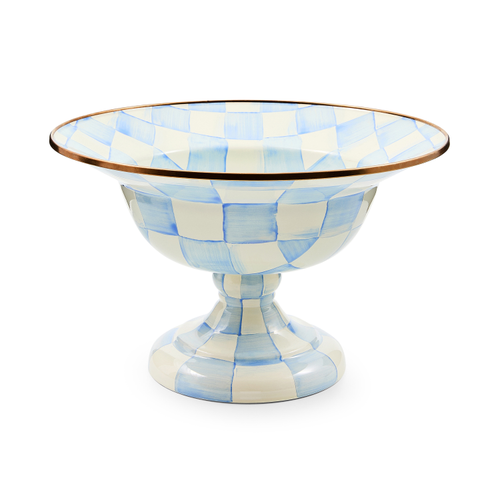 Hand-glazed steel large compote with hand-painted sky blue checks pattern and bronzed stainless steel rim.