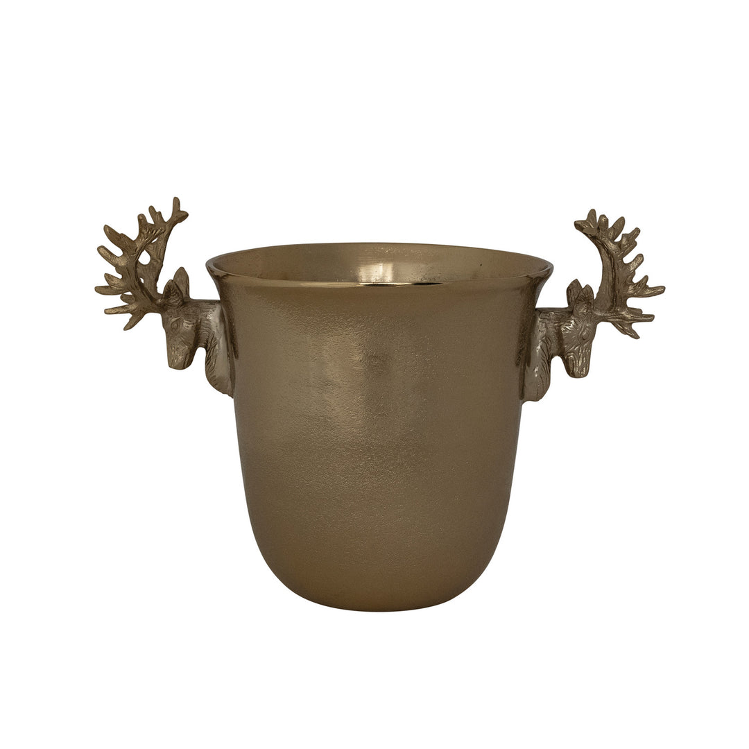 Cast aluminum ice bucket with a bronze finish and reindeer head shaped handles.