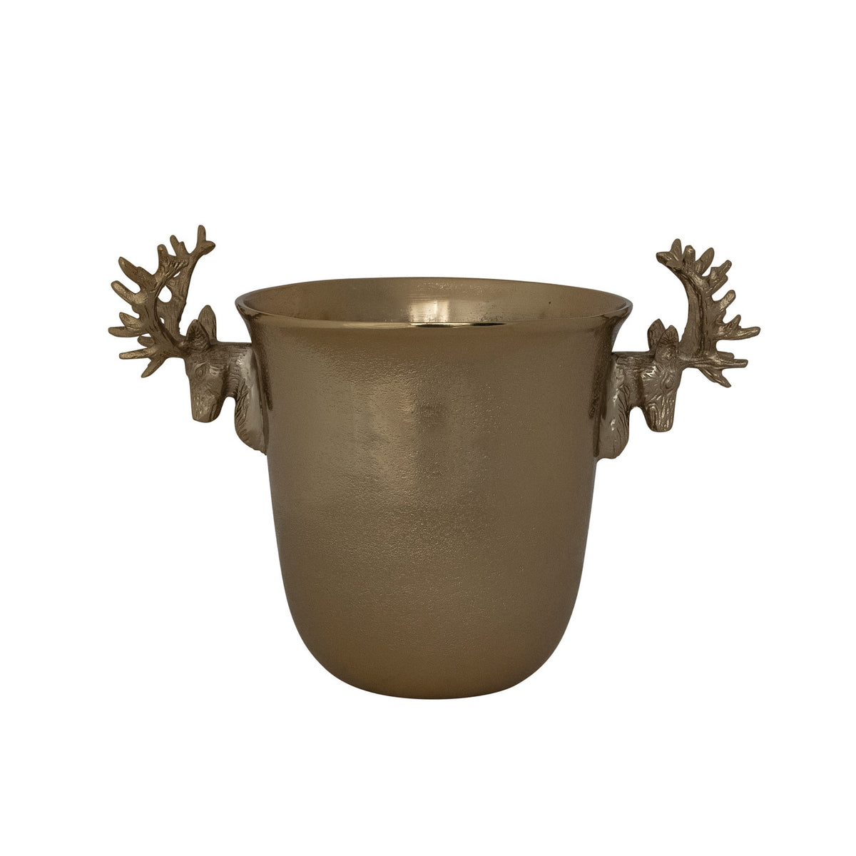 Cast aluminum ice bucket with a bronze finish and reindeer head shaped handles.