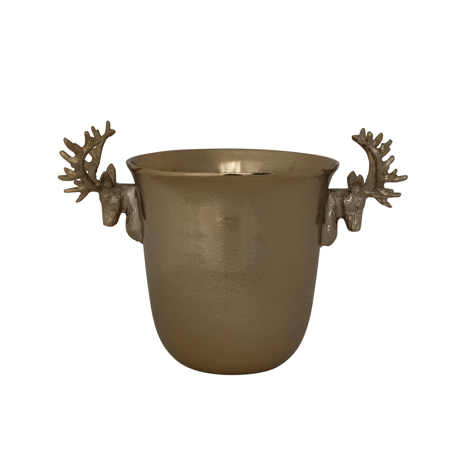 Cast aluminum ice bucket with a bronze finish and reindeer head shaped handles.