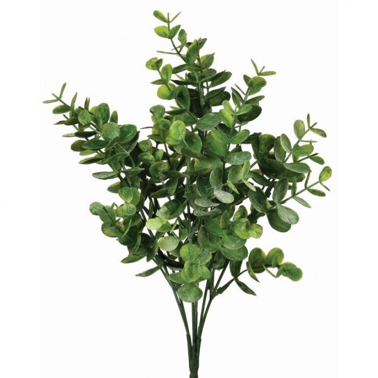 Frosted green plastic eucalyptus bush with a realistic leafy silhouette and natural branch structure.