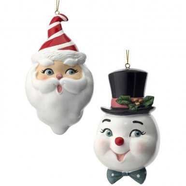 Two vintage-style Christmas ornaments: Santa Claus with a red and white striped hat and a snowman with a black top hat and green holly.