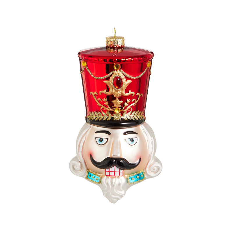 7.25-inch glass nutcracker head ornament with a red hat, gold detailing, and white beard.