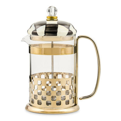 Hand-glazed steel French press with hand-painted emerald check pattern on a glass cylinder.