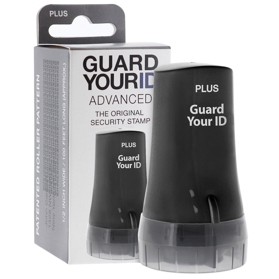 Eco-friendly identity protection roller with black ink pad in white casing.