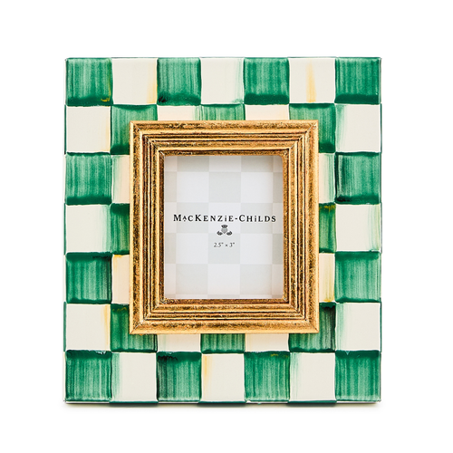 Hand-painted emerald check steel frame with glass pane holding a photo.