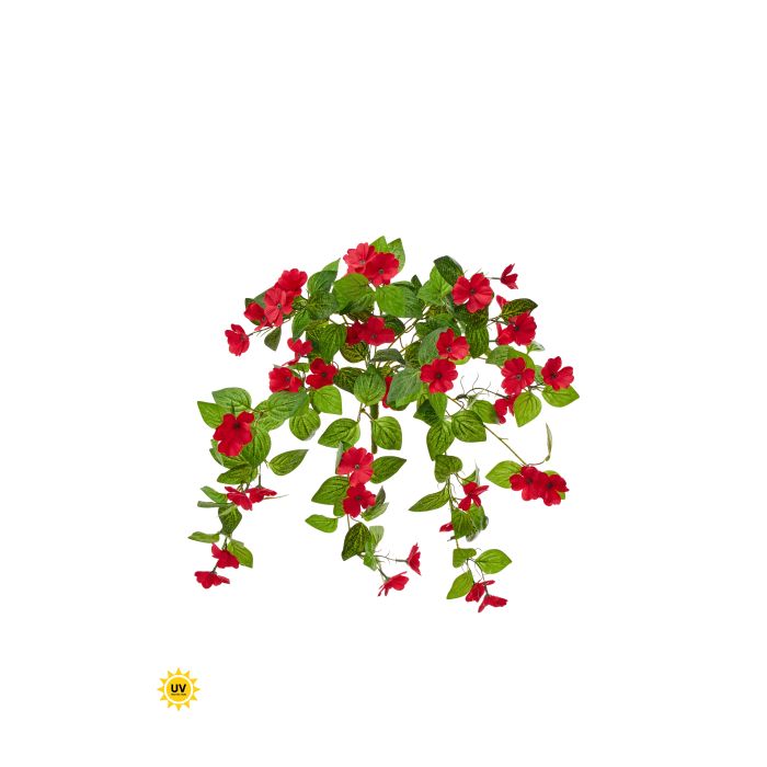 Hanging artificial impatiens plant with realistic blooms in vibrant colors on a UV-resistant stand.