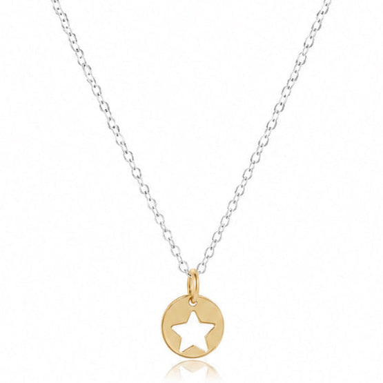 16-inch sterling silver chain necklace with a small gold disc charm featuring a star cutout.