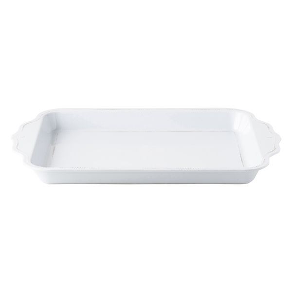 Berry & Thread Whitewash Melamine 24 inch rectangular handled tray with scalloped edges.