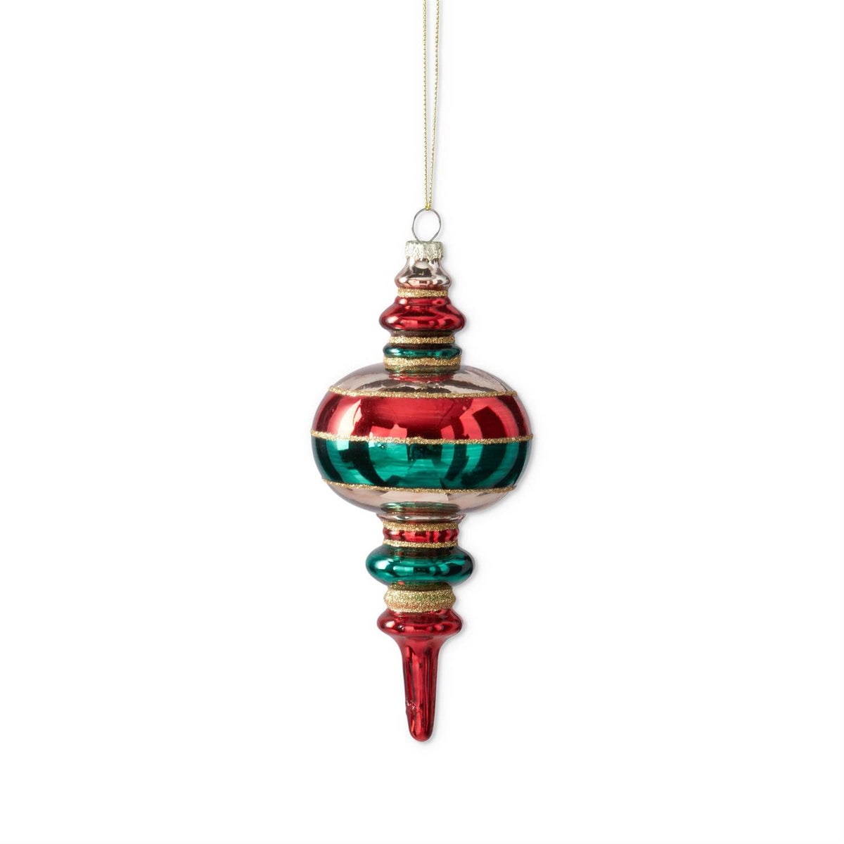 Red, gold, and green glass finial Christmas ornament with a striped design and glitter accents.
