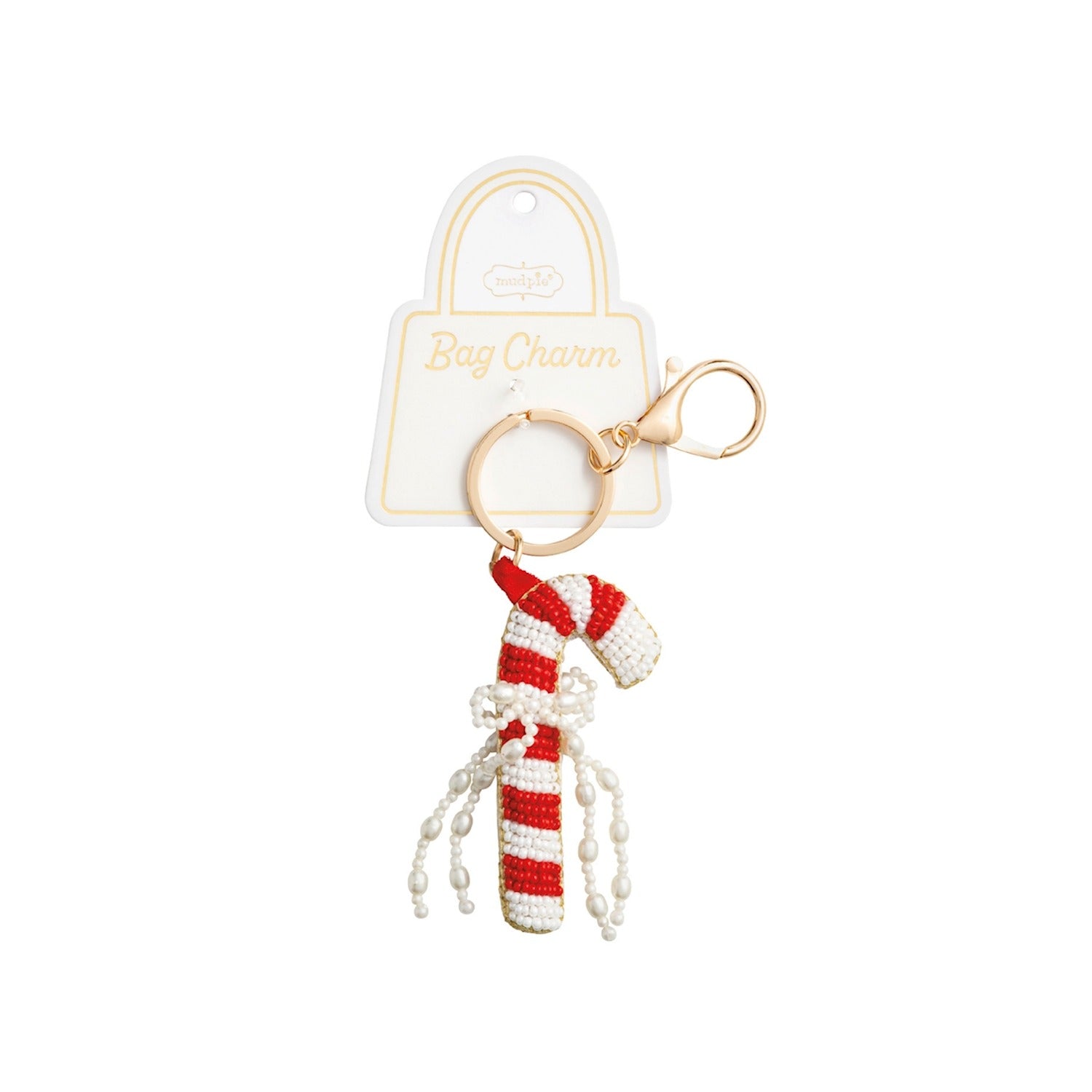 Beaded candy cane bag charm with red and white stripes, pearl bow, and gold lobster clasp.