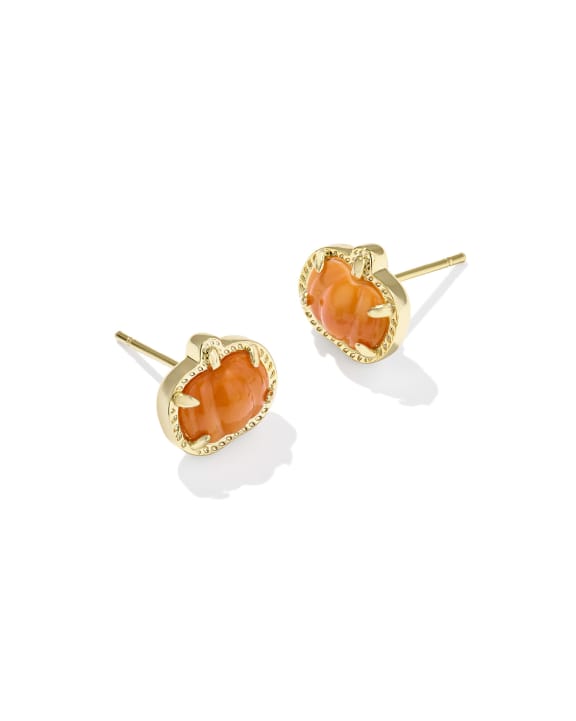 Gold-tone pumpkin stud earrings with orange mother-of-pearl stones.
