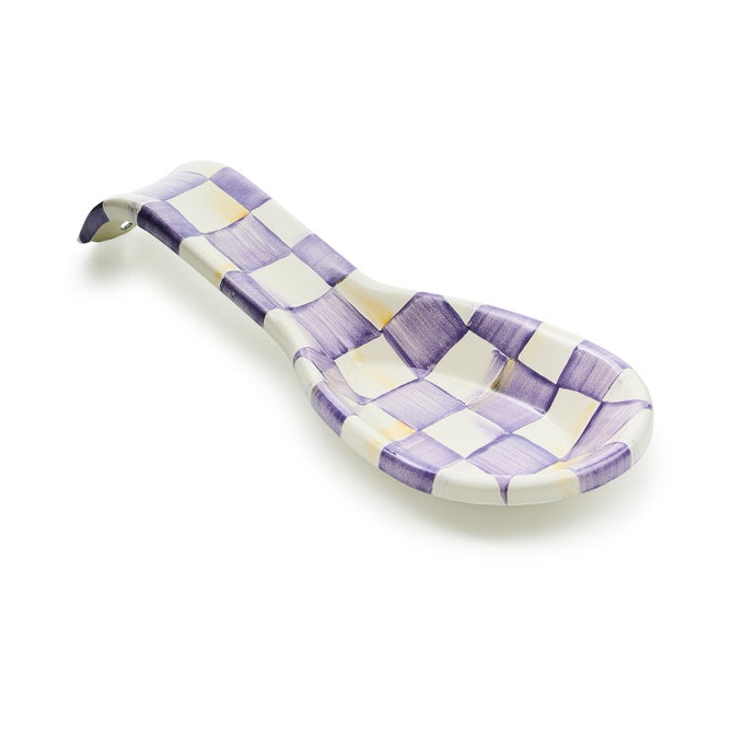 Curved violet enamel spoon rest with hand-painted purple check pattern.