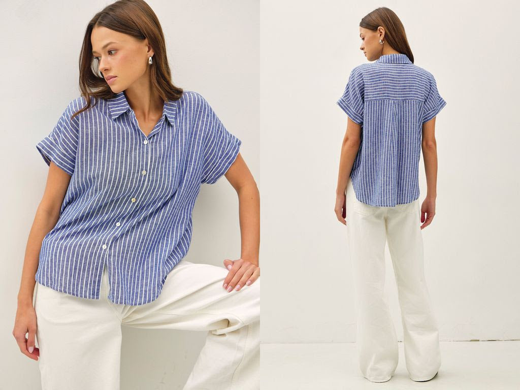 Ayla linen short sleeve striped shirt in light blue with white vertical stripes