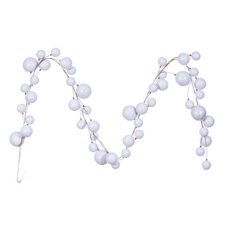 10-foot silver pearl branch ball garland with various sized spheres and a hanging hook.