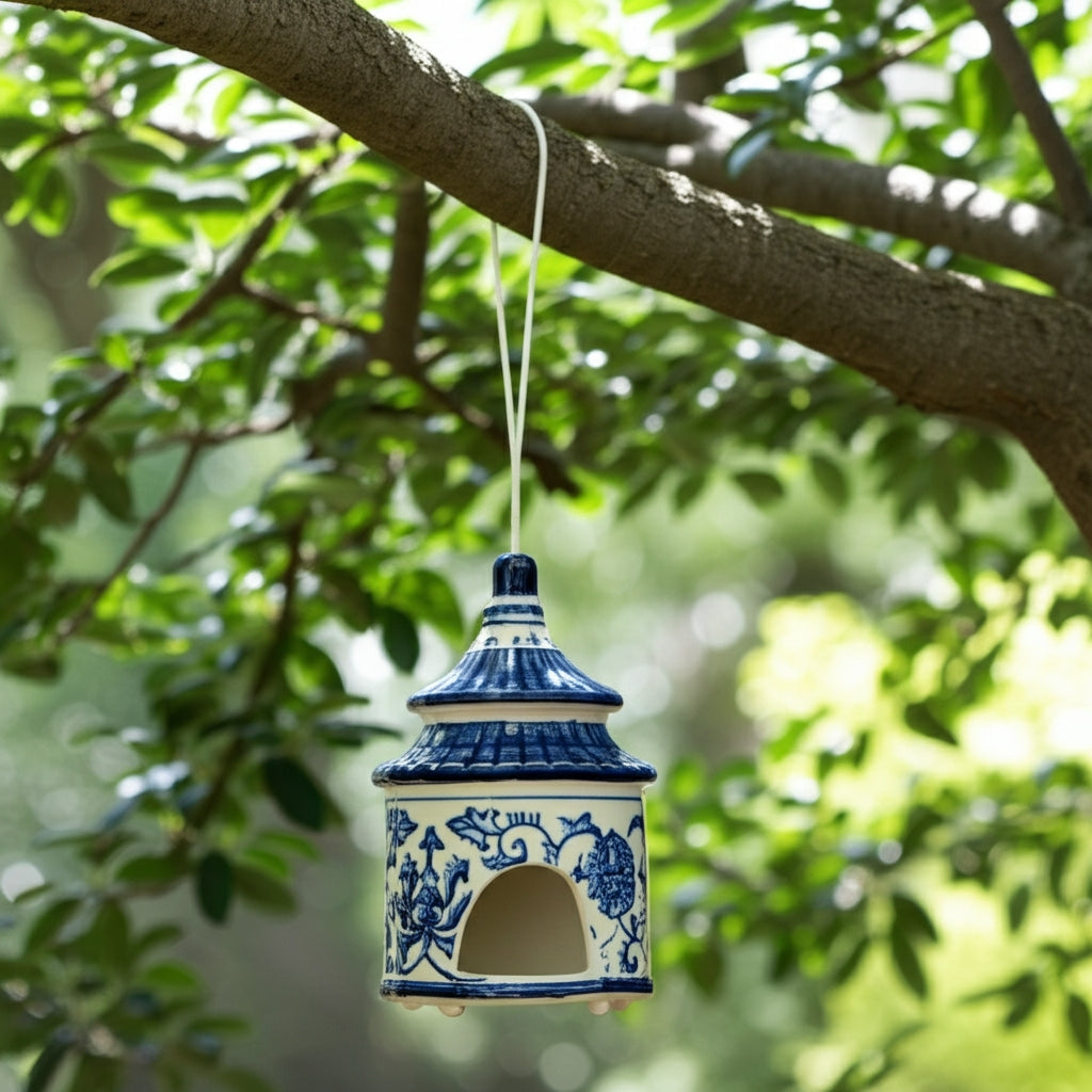 White and blue ceramic chinoiserie pagoda bird house hanging from a tree branch.