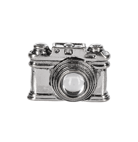 Silver zinc charm with glass accents shaped like a magnifying glass focusing on the phrase Live Life in Full Focus