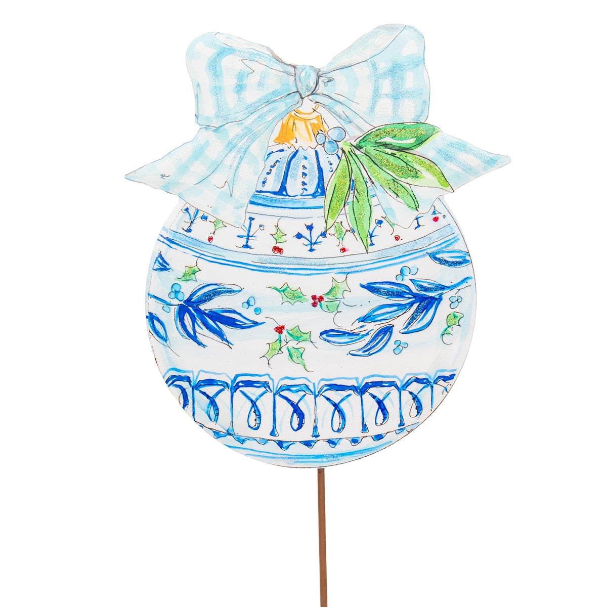 Beck's Winter Wonderland ball ornament stake with silver metallic finish and festive winter scene silhouette.