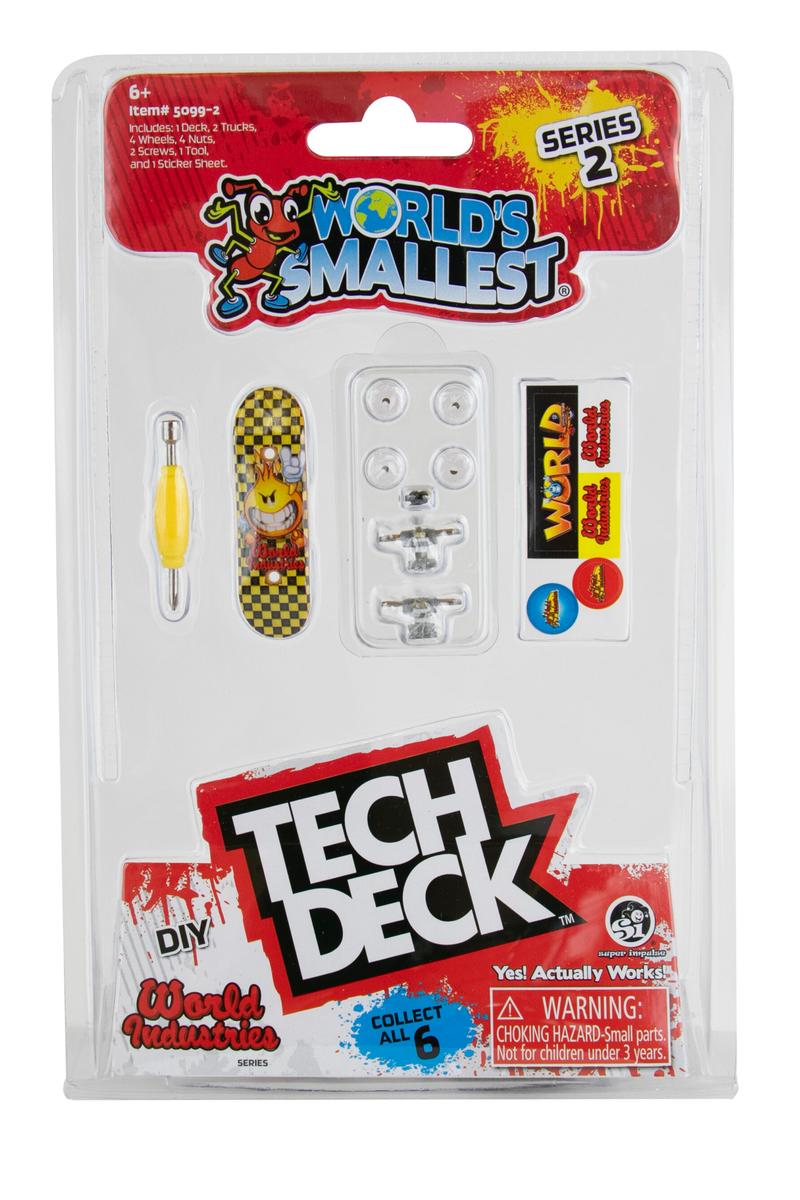 World’s Smallest Tech Deck Series 2 DIY kit with deck, trucks, wheels, tool, and stickers.