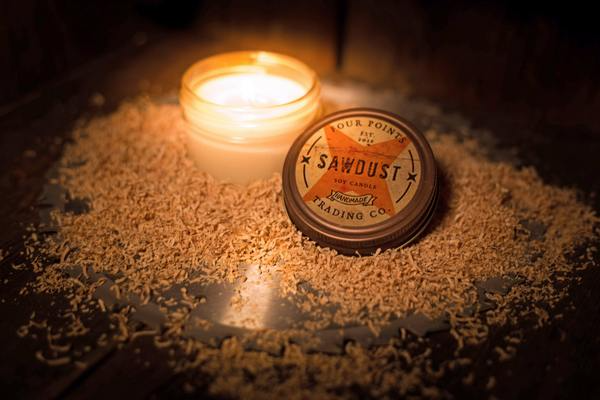 4 oz soy candle in sawdust brown with a braided cotton wick.