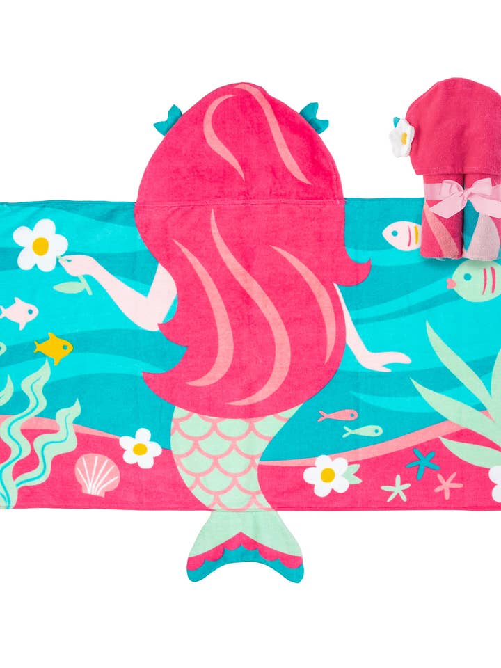 Soft cotton velour hooded beach towel in neutral tone with subtle textured pattern.