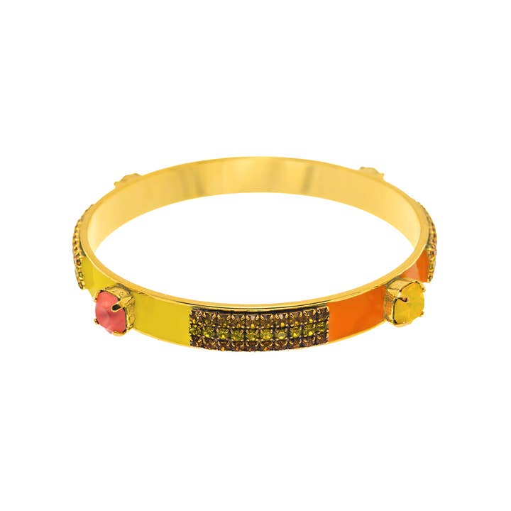 Antique gold brass bangle with colorful enamel hand painting and sparkling crystal accents.