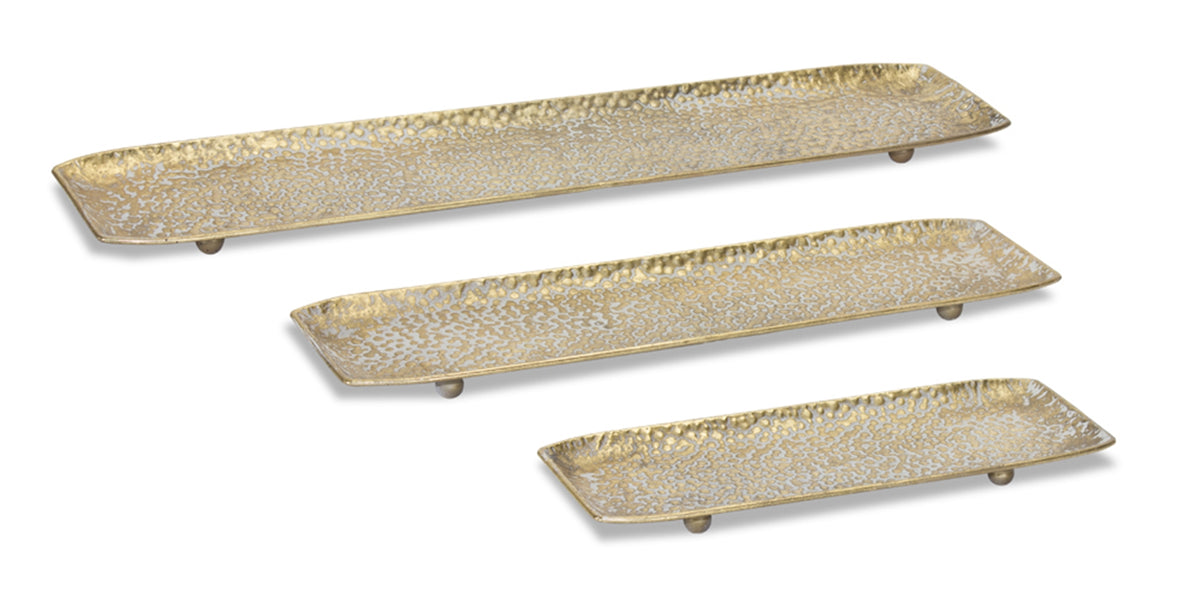 Metal decorative tray with a rectangular shape.