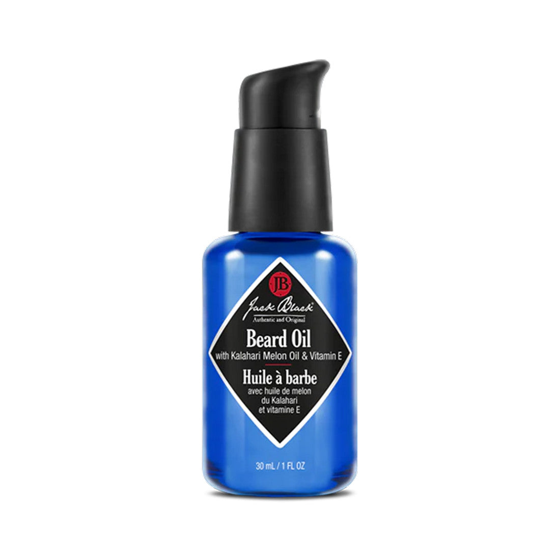 Jack Black Beard Oil in a 30 mL blue glass bottle with a black pump dispenser.