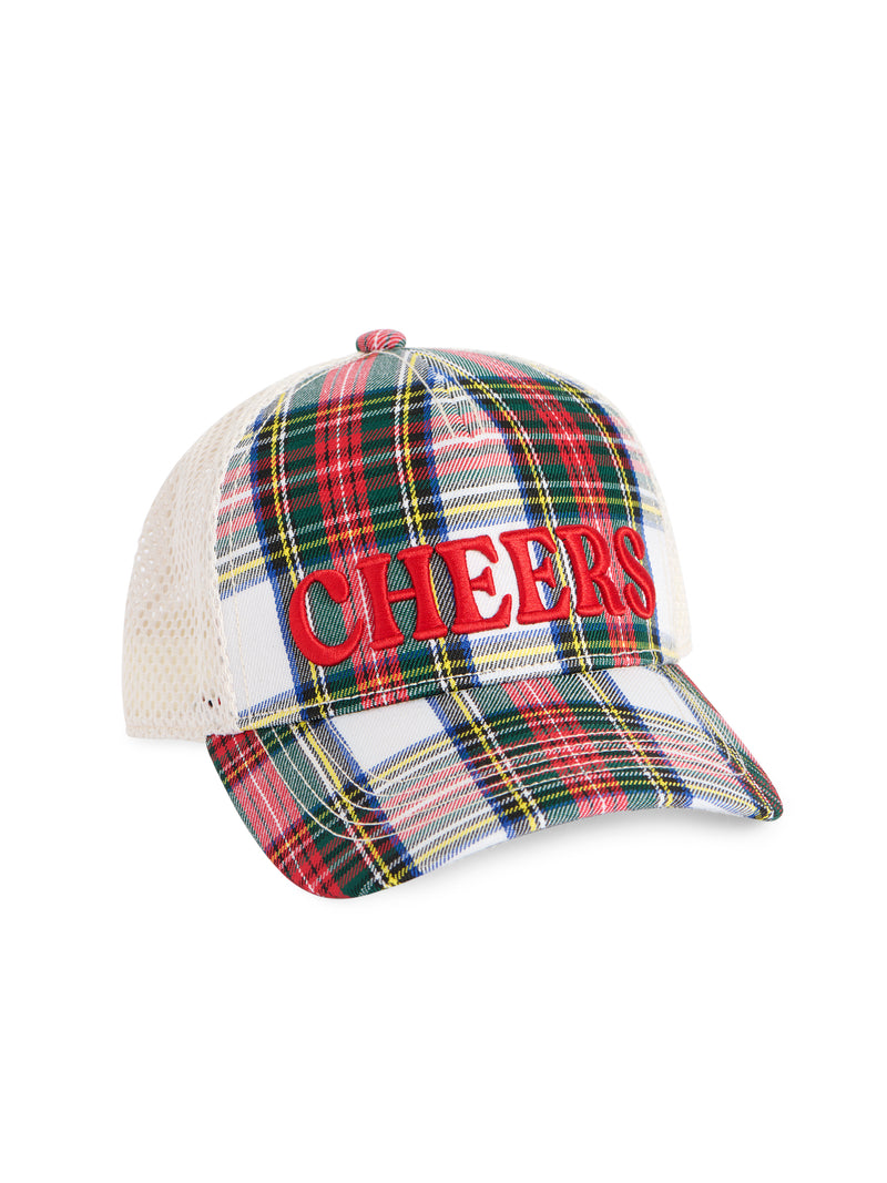 Red and green plaid trucker hat with red embroidered "Cheers" text and a white mesh back.