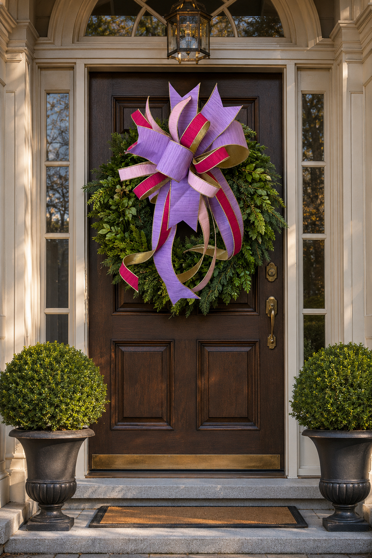 Handcrafted purple and pink multi-layered bow on a green wreath hanging on a dark wood front door.