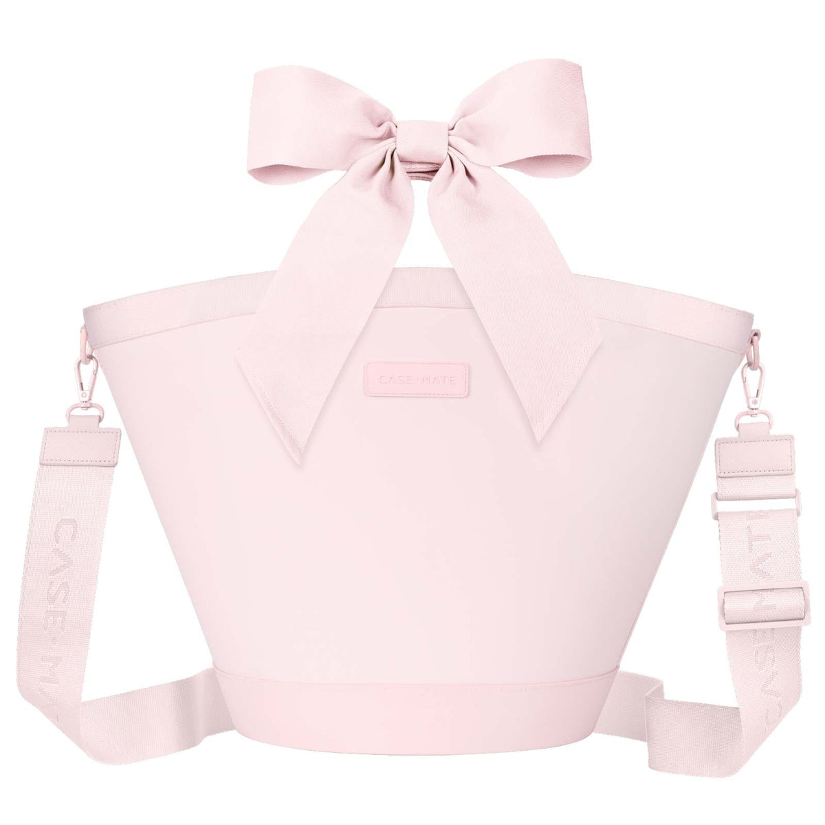 Ballet pink insulated cooler tote bag with a large decorative bow and adjustable shoulder strap.