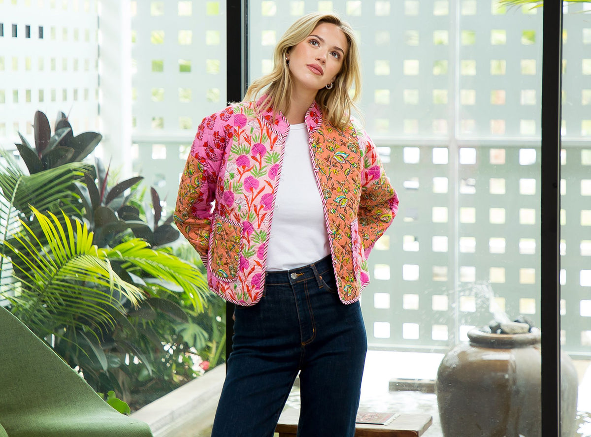 Elianna patchwork quilted jacket in woven cotton with polyester filling.