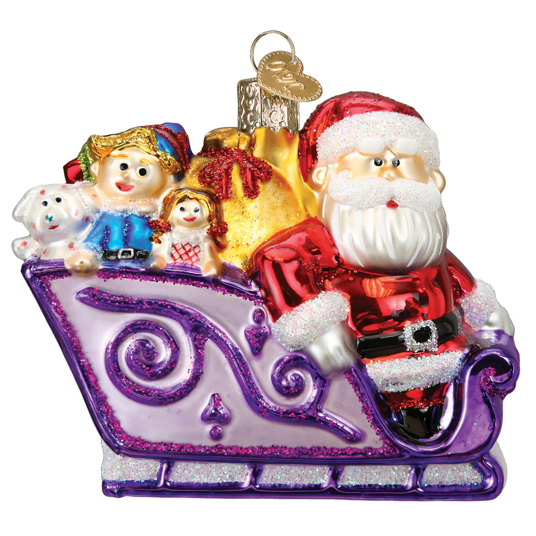 Glass Santa and Friends ornament featuring Santa in a purple sleigh with an elf, doll, and puppy.