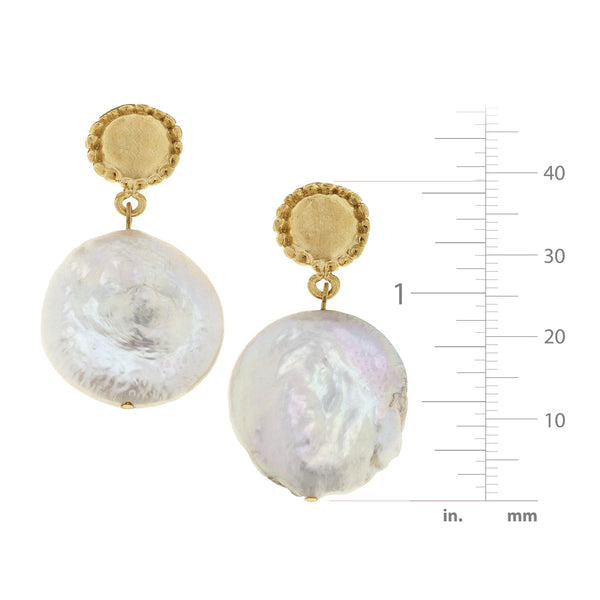 Large freshwater coin pearl drop earrings with 24K gold plated textured post backs.