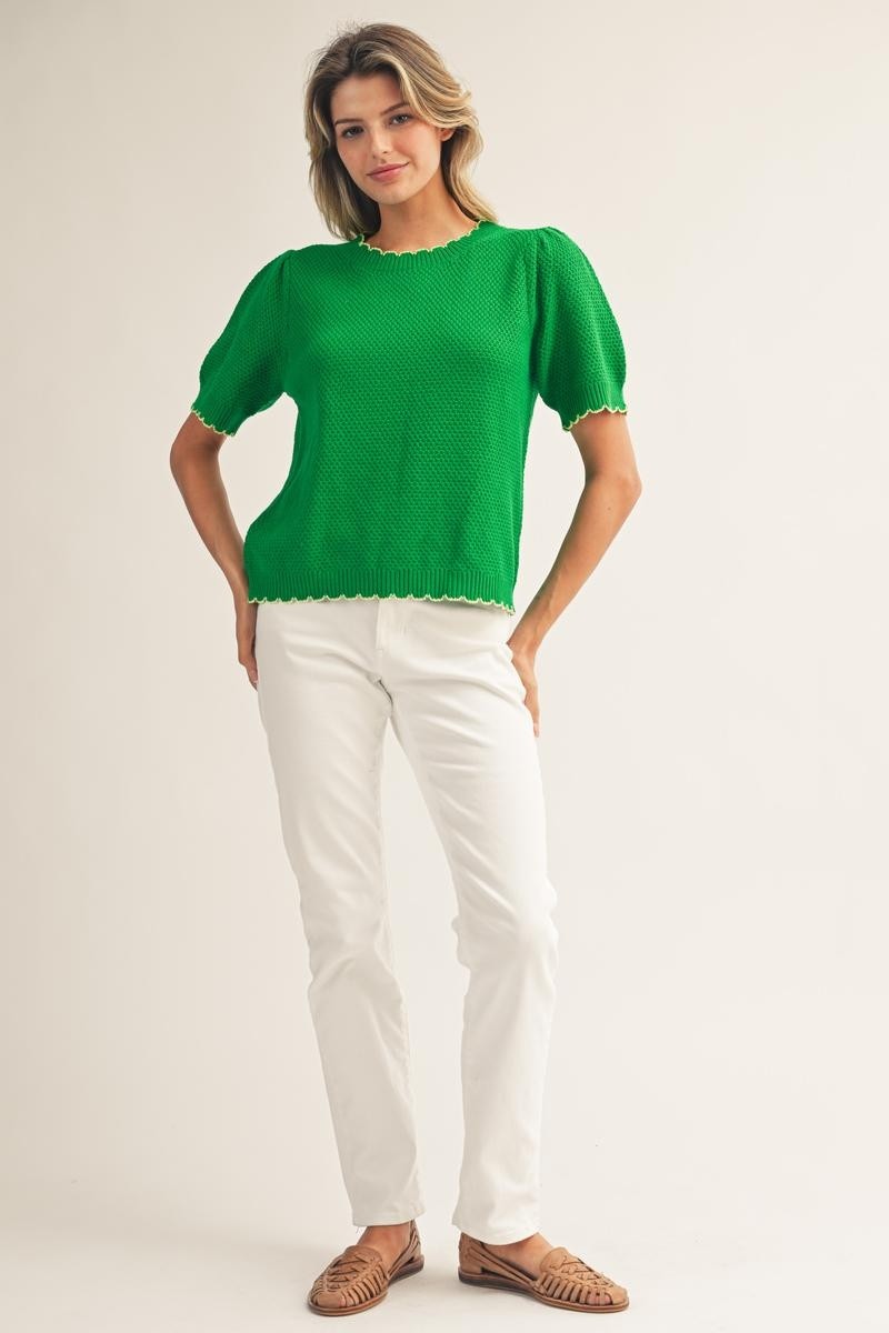 Cassandra scallop edge accent sweater top in white cotton with a relaxed silhouette.