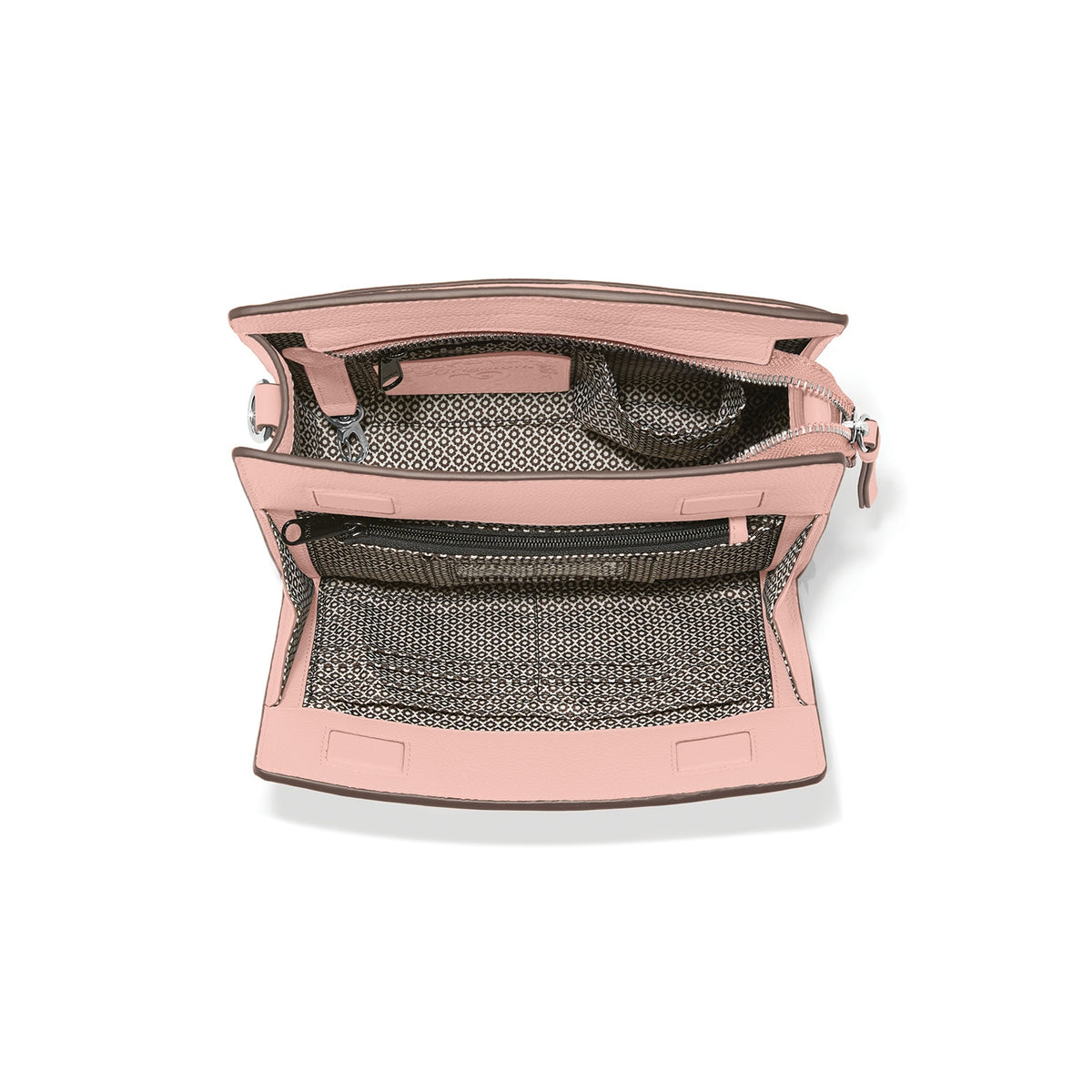 Pink sand leather Findley organizer with adjustable strap, ziptop closure, three interior pockets, six credit card slots, and one exterior pocket.