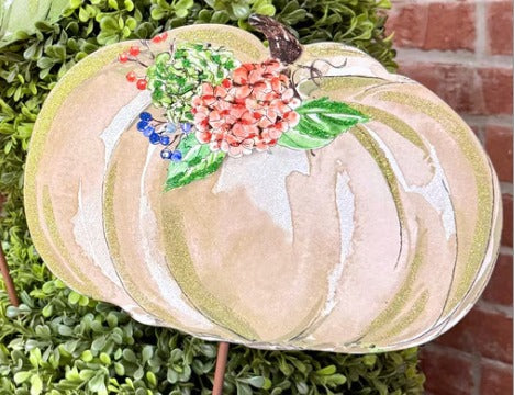 Autumn Feast Pumpkin stake with painted floral details and gold glitter accents.